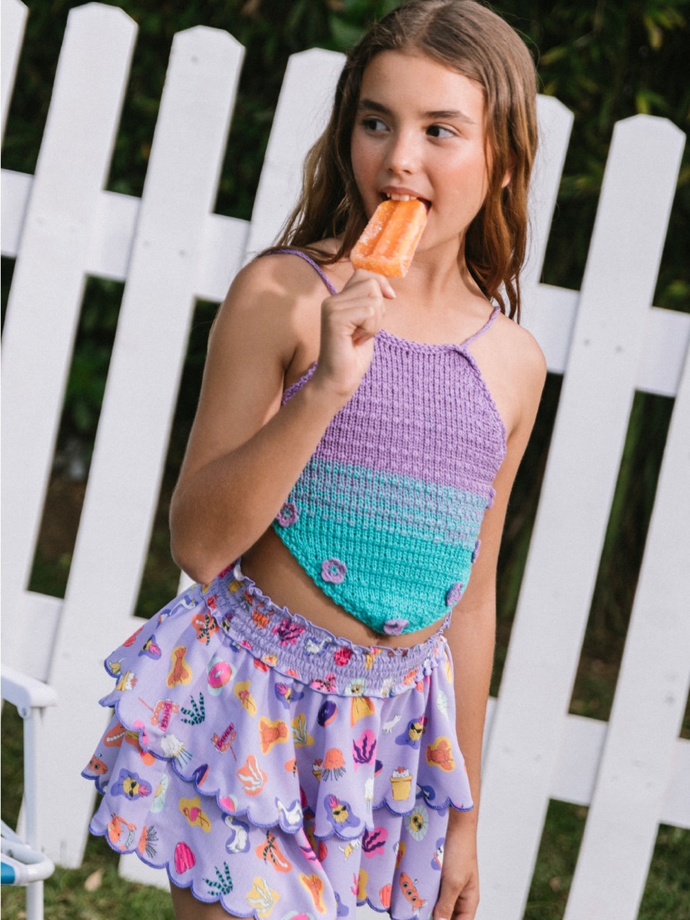 Agua Bendita Girls Crochet Halter Top Lavender Teal Floral Applique Size 16 NWT